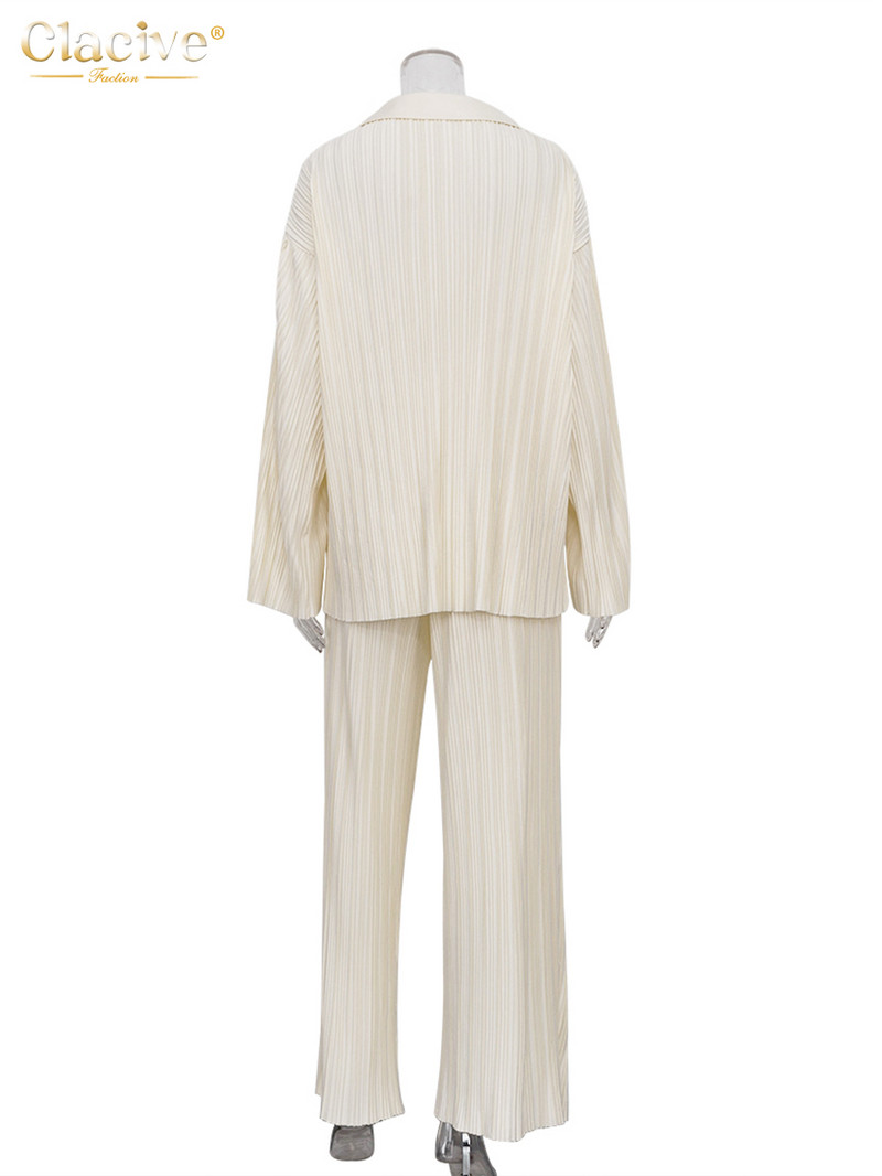 Dámske blúzky s dlhým rukávom Clacive, módne dvojdielne sety, ležérne voľné nohavice s rozparkom a širokými nohavicami, elegantné biele skladané dámske sety