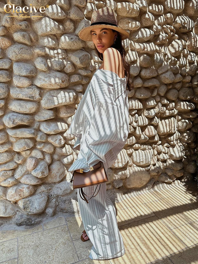 Clacive Set de două piese cu dungi lejere, ținută pentru femei 2023, bluză elegantă cu mânecă lungă, care se potrivește cu talie înaltă, set de pantaloni largi Nou în