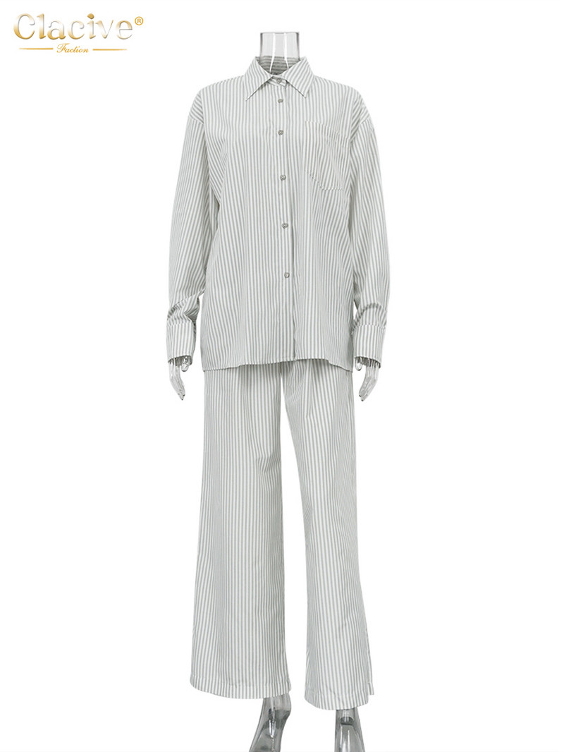 Clacive Set de două piese cu dungi lejere, ținută pentru femei 2023, bluză elegantă cu mânecă lungă, care se potrivește cu talie înaltă, set de pantaloni largi Nou în