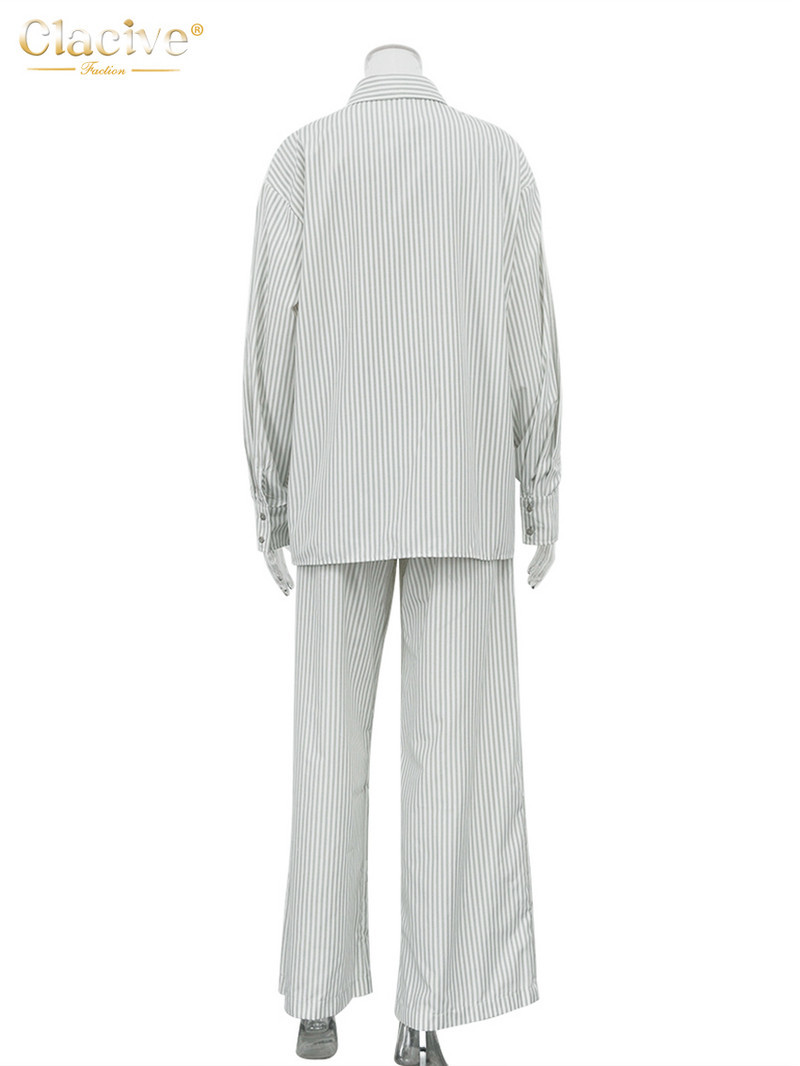 Clacive Set de două piese cu dungi lejere, ținută pentru femei 2023, bluză elegantă cu mânecă lungă, care se potrivește cu talie înaltă, set de pantaloni largi Nou în