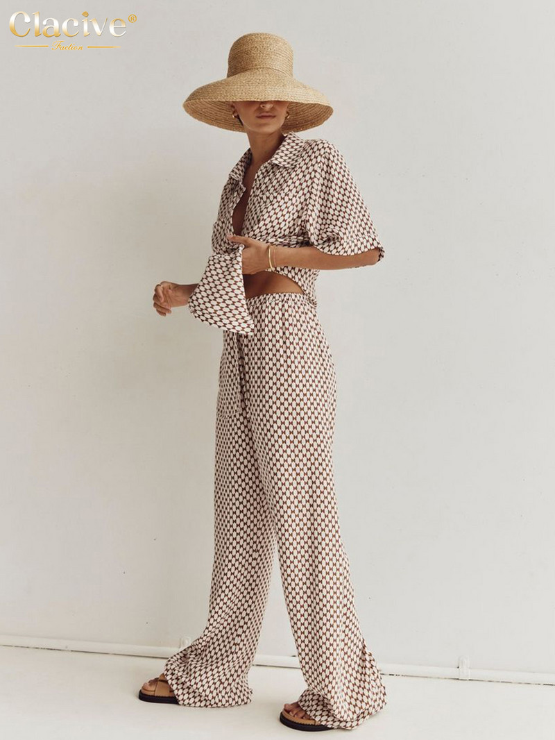 Dámska letná blúzka s krátkym rukávom, dvojdielna súprava, elegantná voľná potlač, nohavice, módny stredne pásový oblek so širokými nohavicami