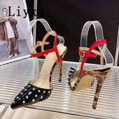 Liyke Seksi leopard print visoke pete Ženske stiletto sandale Modne metalne zakovice sa šiljatim prstima Cipele na remen Puferice Zapatos Mujer