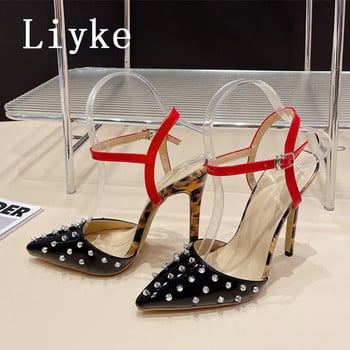 Liyke Секси Дамски сандали с високи токчета с леопардов принт Модни метални обувки с нитове и остри пръсти Помпи Zapatos Mujer