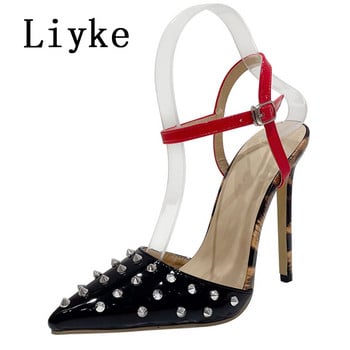 Liyke Секси Дамски сандали с високи токчета с леопардов принт Модни метални обувки с нитове и остри пръсти Помпи Zapatos Mujer