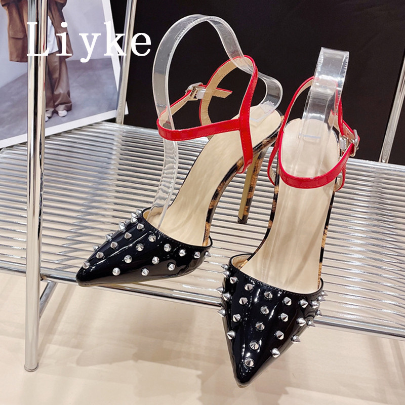 Liyke Seksi leopard print visoke pete Ženske stiletto sandale Modne metalne zakovice sa šiljatim prstima Cipele na remen Puferice Zapatos Mujer