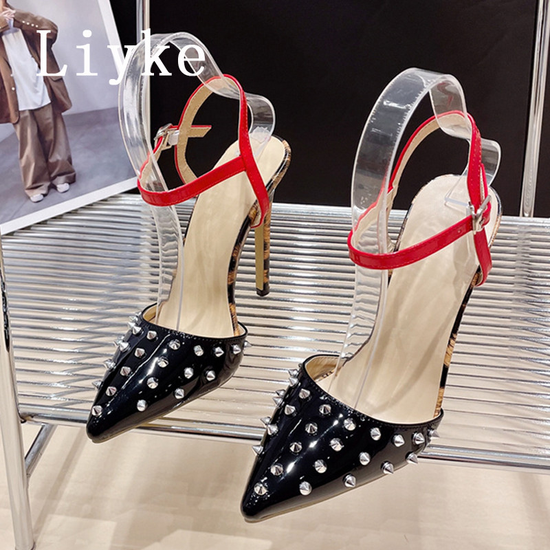 Liyke Seksi leopard print visoke pete Ženske stiletto sandale Modne metalne zakovice sa šiljatim prstima Cipele na remen Puferice Zapatos Mujer