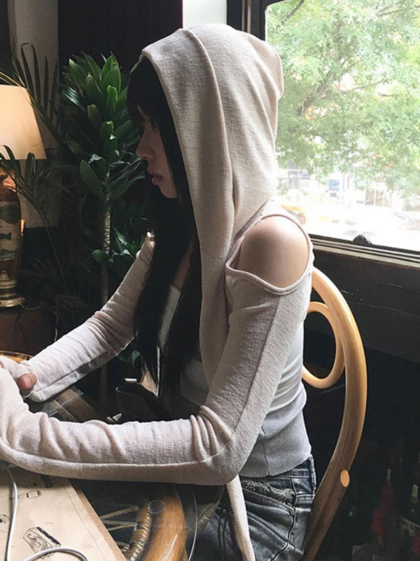 Tricouri cu glugă cu mânecă lungă 2023, cu umăr dezactivat, tricouri sexy Harajuku, pentru femei, Y2k, estetică Grunge, îmbrăcăminte de stradă, crop top, cardigan subțire