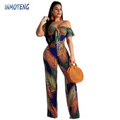 INMOTENG Sexy dámske letné overaly s odhalenými ramenami a potlačou listov, vianočné overaly, široké nohavice, dlhé nohavice, boho overal s krátkym rukávom