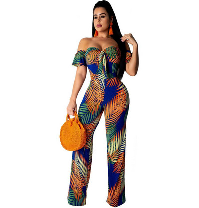 INMOTENG Sexy dámske letné overaly s odhalenými ramenami a potlačou listov, vianočné overaly, široké nohavice, dlhé nohavice, boho overal s krátkym rukávom