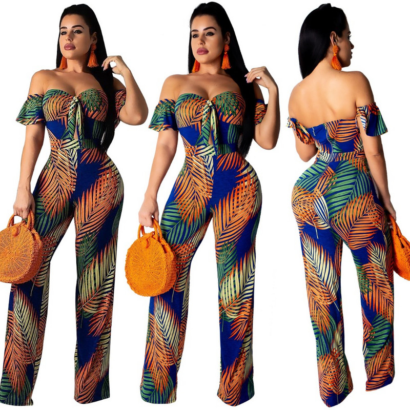 INMOTENG Sexy dámske letné overaly s odhalenými ramenami a potlačou listov, vianočné overaly, široké nohavice, dlhé nohavice, boho overal s krátkym rukávom