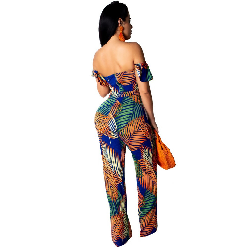 INMOTENG Sexy dámske letné overaly s odhalenými ramenami a potlačou listov, vianočné overaly, široké nohavice, dlhé nohavice, boho overal s krátkym rukávom