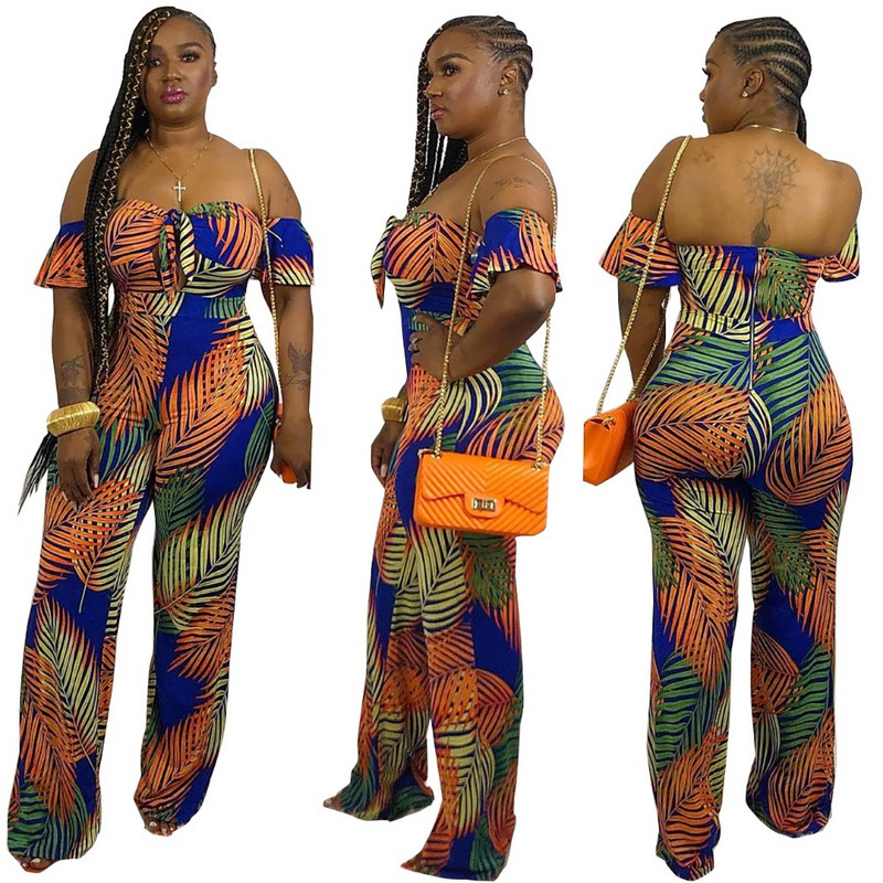 INMOTENG Sexy dámske letné overaly s odhalenými ramenami a potlačou listov, vianočné overaly, široké nohavice, dlhé nohavice, boho overal s krátkym rukávom