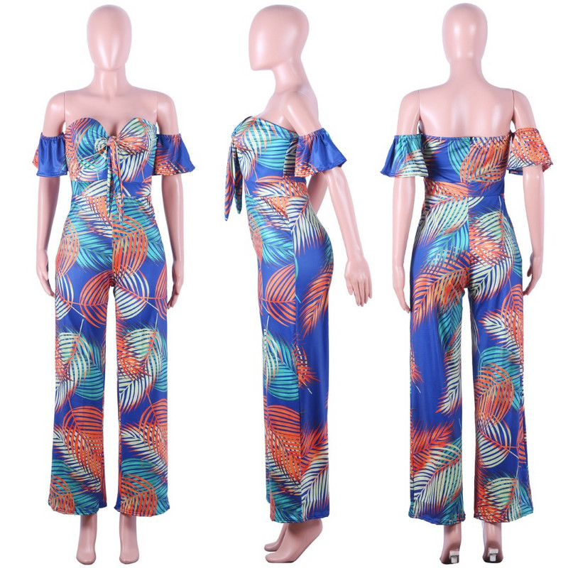 INMOTENG Sexy dámske letné overaly s odhalenými ramenami a potlačou listov, vianočné overaly, široké nohavice, dlhé nohavice, boho overal s krátkym rukávom