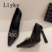 Liyke 2023. Nove cipele sa šiljatim prstima, plitke cipele Ženske cipele, modni dizajn lanaca, crne lakirane uredske cipele s visokom petom Zapatos Mujer