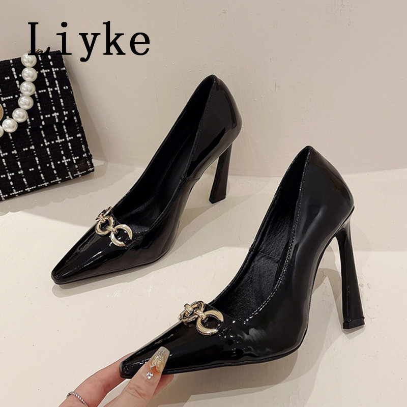 Liyke 2023. Nove cipele sa šiljatim prstima, plitke cipele Ženske cipele, modni dizajn lanaca, crne lakirane uredske cipele s visokom petom Zapatos Mujer