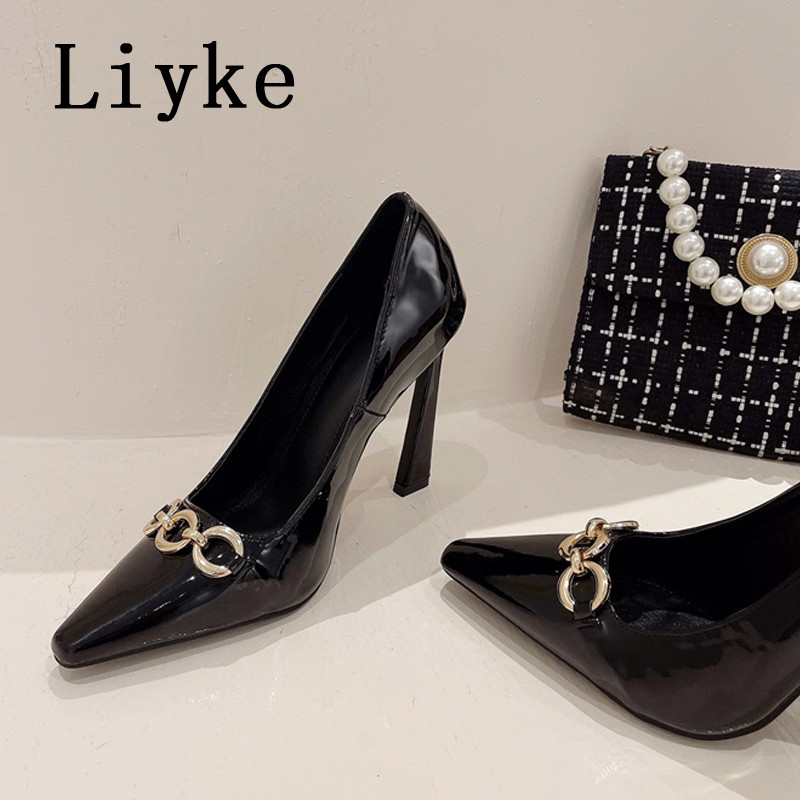 Liyke 2023. Nove cipele sa šiljatim prstima, plitke cipele Ženske cipele, modni dizajn lanaca, crne lakirane uredske cipele s visokom petom Zapatos Mujer