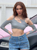 Punkové dámske topy s dlhým rukávom, gotické egirl, patchworkové, sexy, vystrihnuté, ležérne tričká