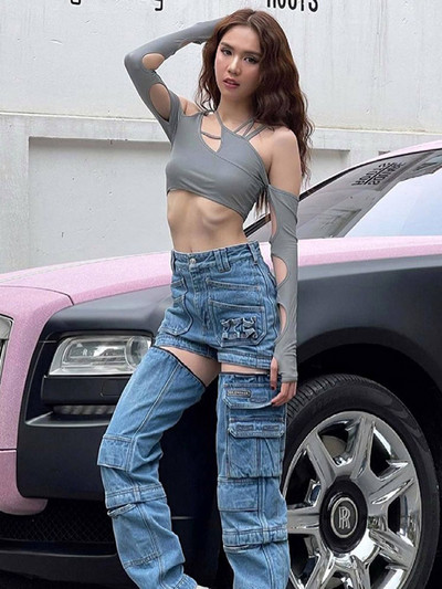 Punkové dámske topy s dlhým rukávom, gotické egirl, patchworkové, sexy, vystrihnuté, ležérne tričká