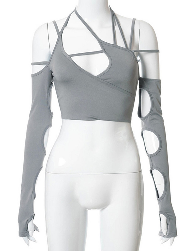 Punkové dámske topy s dlhým rukávom, gotické egirl, patchworkové, sexy, vystrihnuté, ležérne tričká