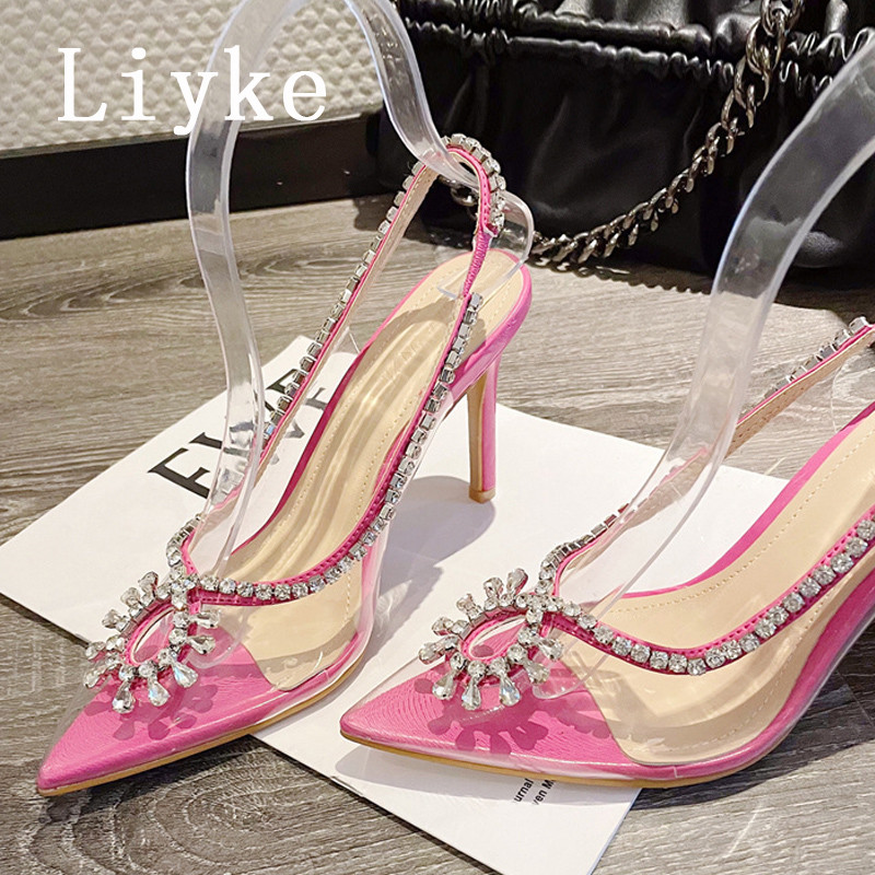 Liyke 2023, sandale subțiri cu toc înalt pentru femei, modă, cu vârf ascuțit, PVC, transparente, pentru femei, pantofi stiletto cu curele de cristal