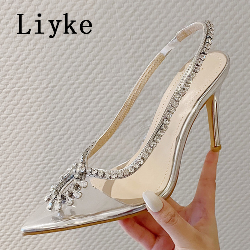 Liyke 2023, sandale subțiri cu toc înalt pentru femei, modă, cu vârf ascuțit, PVC, transparente, pentru femei, pantofi stiletto cu curele de cristal