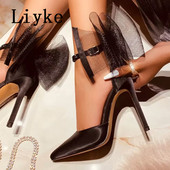 Liyke Sexy krištáľové kamienkové členkové popruhy Dámske lodičky sandále zo sieťoviny s mašľou, saténové letné vysoké podpätky, párty, plesové topánky, jehlové