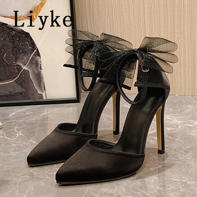 Liyke Sexy krištáľové kamienkové členkové popruhy Dámske lodičky sandále zo sieťoviny s mašľou, saténové letné vysoké podpätky, párty, plesové topánky, jehlové