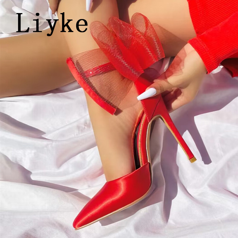 Liyke Sexy krištáľové kamienkové členkové popruhy Dámske lodičky sandále zo sieťoviny s mašľou, saténové letné vysoké podpätky, párty, plesové topánky, jehlové