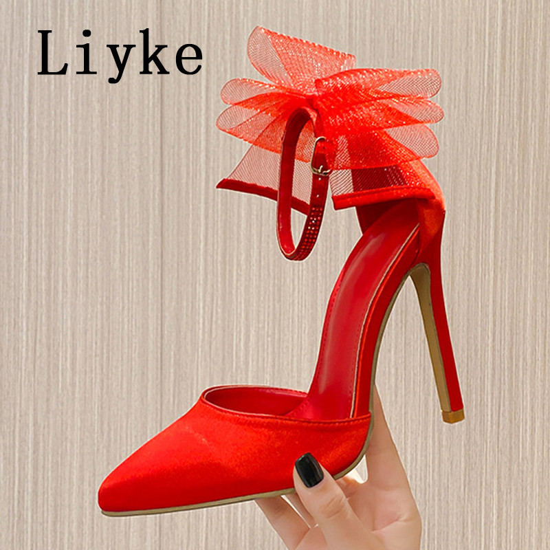 Liyke Sexy krištáľové kamienkové členkové popruhy Dámske lodičky sandále zo sieťoviny s mašľou, saténové letné vysoké podpätky, párty, plesové topánky, jehlové
