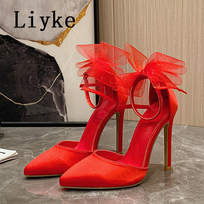 Liyke Sexy krištáľové kamienkové členkové popruhy Dámske lodičky sandále zo sieťoviny s mašľou, saténové letné vysoké podpätky, párty, plesové topánky, jehlové