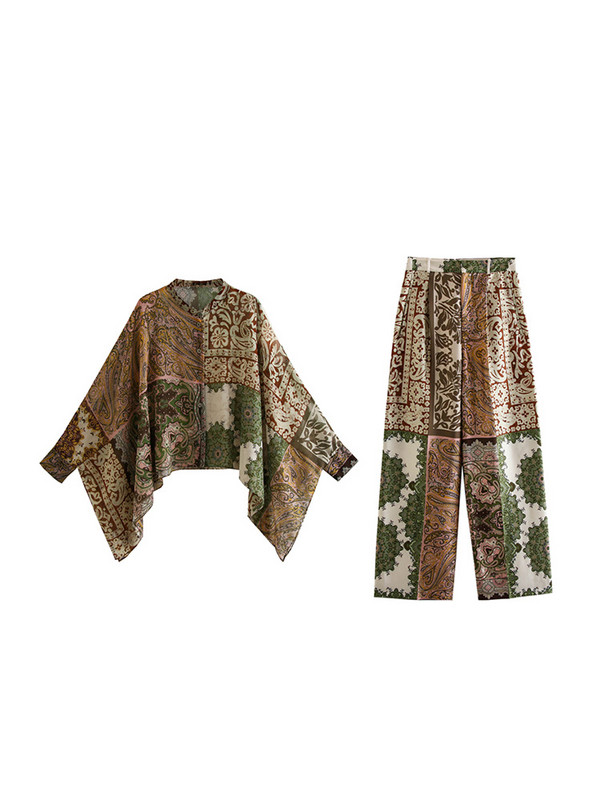 Boho Vintage patchwork ispis Novo u odgovarajućim setovima Pelerina bluza i hlače širokih nogavica Dvodijelni set Ženska odjeća Kompleti hlača 2023.