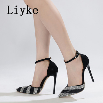 Liyke Големи размери 42 Дамски сандали помпи със страз, Секси кристални остри пръсти Slingback Високи токчета Парти обувки Zapatos Mujer