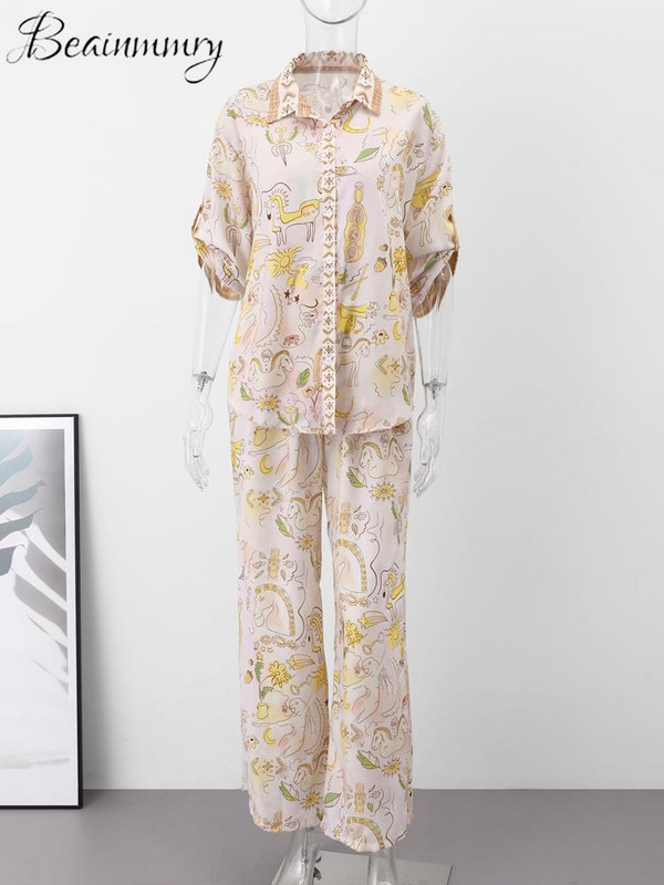 Ženski kompleti hlača s otisnutim košuljama do pola rukava 2023. Košulje s otvorenim ovratnikom za plažu s džepovima i džepovima Široke hlače Modni ženski komplet