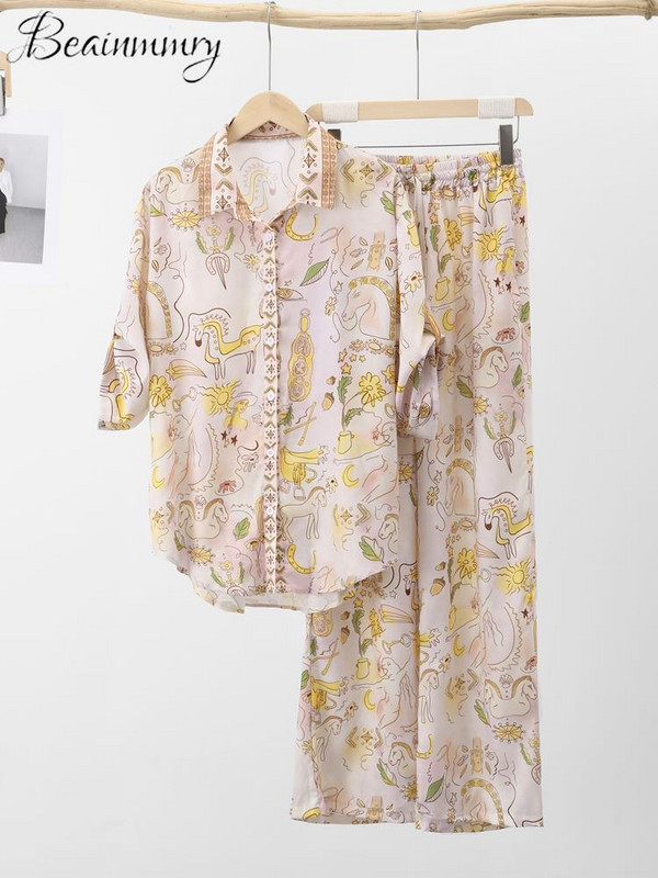 Ženski kompleti hlača s otisnutim košuljama do pola rukava 2023. Košulje s otvorenim ovratnikom za plažu s džepovima i džepovima Široke hlače Modni ženski komplet