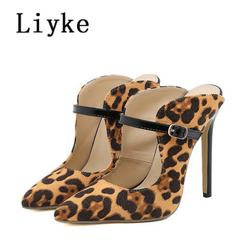 Liyke Модни каишки с катарама Дамски обувки Сандали с леопардов принт С остри пръсти Стилети с високи токчета Мулета Чехли Обувки за парти