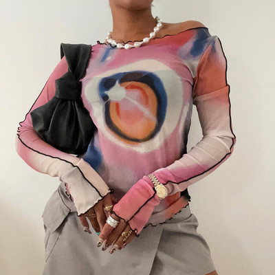 Dámske tričko s dlhým rukávom Xingqing y2k s potlačou grunge fairycore a batikovaným vzorom, dlhý rukáv, oblečenie z roku 2000, sieťované tričko, streetwear