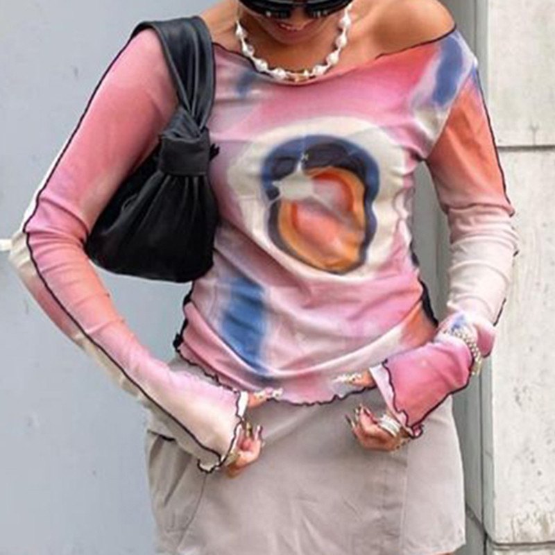 Dámske tričko s dlhým rukávom Xingqing y2k s potlačou grunge fairycore a batikovaným vzorom, dlhý rukáv, oblečenie z roku 2000, sieťované tričko, streetwear