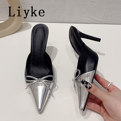 Liyke Sexy Bowknot Hegyes orrú Slip On Slingback Cipők Női Pumpák Papucsok Nyári Buli Vékony Sarkú Öszvérek Szandálok Zapatos Mujer