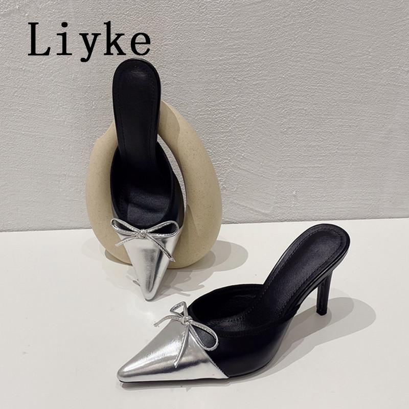 Liyke Sexy Bowknot vârf ascuțit pantofi cu slingback pentru femei, pantofi cu papuci, papuci, petrecere de vară, tocuri subțiri, sandale, pantofi pentru femeie