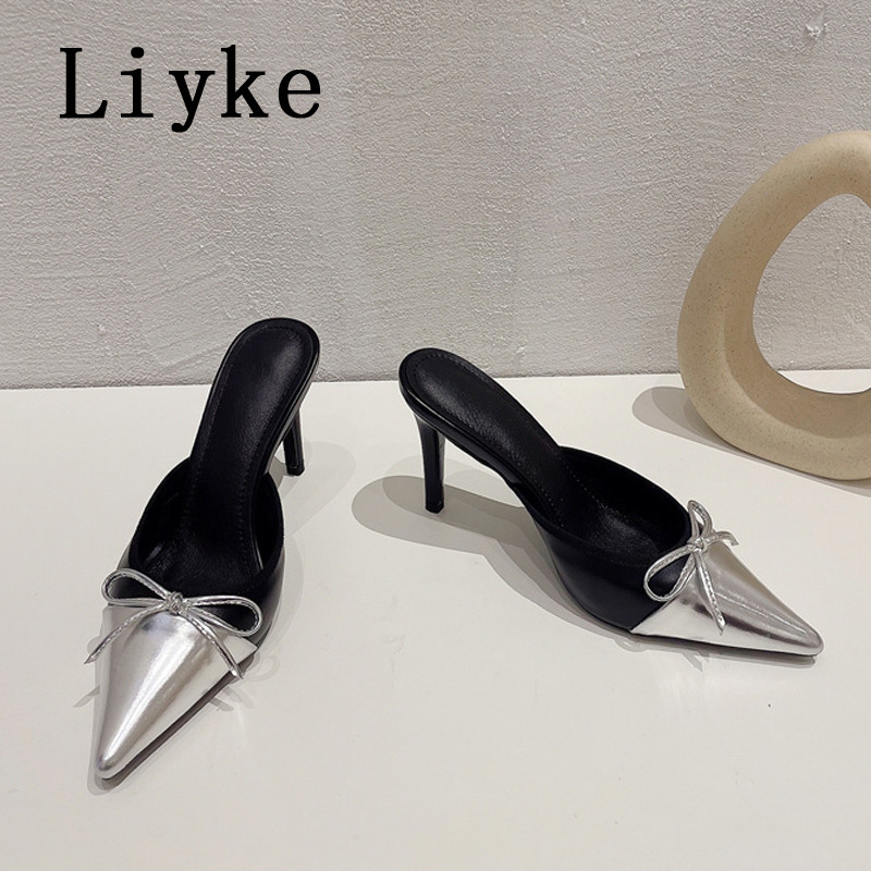 Liyke Sexy Bowknot vârf ascuțit pantofi cu slingback pentru femei, pantofi cu papuci, papuci, petrecere de vară, tocuri subțiri, sandale, pantofi pentru femeie