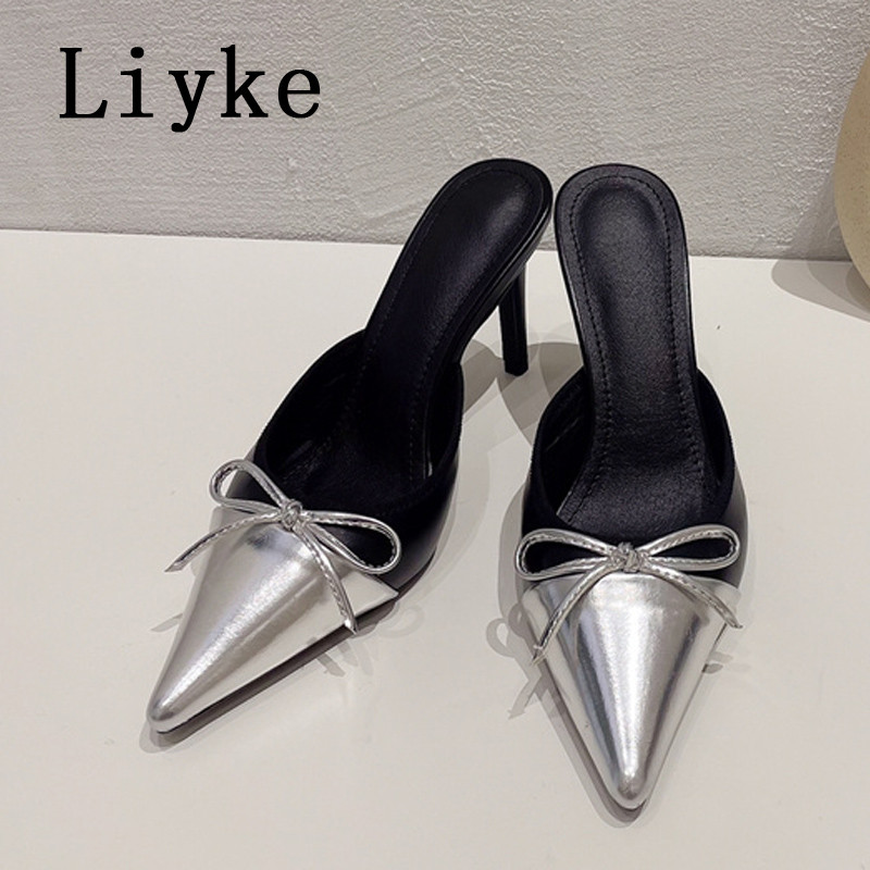 Liyke Sexy Bowknot vârf ascuțit pantofi cu slingback pentru femei, pantofi cu papuci, papuci, petrecere de vară, tocuri subțiri, sandale, pantofi pentru femeie