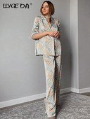 Dámske saténové potlačené košeľové nohavice, dvojdielna súprava s golierom a dlhým rukávom, súpravy na jar 2022, ležérne nohavice, domáce oblečenie