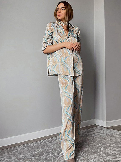 Dámske saténové potlačené košeľové nohavice, dvojdielna súprava s golierom a dlhým rukávom, súpravy na jar 2022, ležérne nohavice, domáce oblečenie