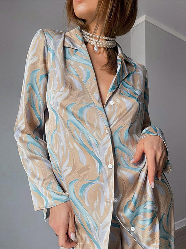 Dámske saténové potlačené košeľové nohavice, dvojdielna súprava s golierom a dlhým rukávom, súpravy na jar 2022, ležérne nohavice, domáce oblečenie