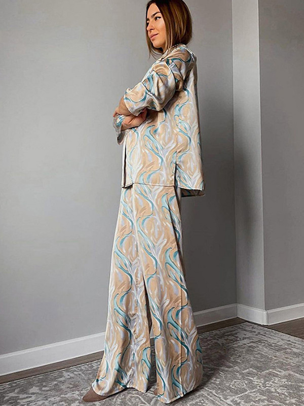 Dámske saténové potlačené košeľové nohavice, dvojdielna súprava s golierom a dlhým rukávom, súpravy na jar 2022, ležérne nohavice, domáce oblečenie