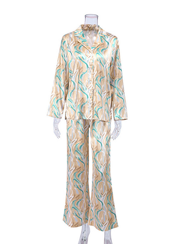 Dámske saténové potlačené košeľové nohavice, dvojdielna súprava s golierom a dlhým rukávom, súpravy na jar 2022, ležérne nohavice, domáce oblečenie