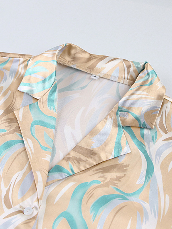 Dámske saténové potlačené košeľové nohavice, dvojdielna súprava s golierom a dlhým rukávom, súpravy na jar 2022, ležérne nohavice, domáce oblečenie