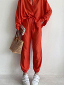 Ocazional ținută pentru femei, cu un singur piept, cu guler răsturnat, cămăși cu mânecă lungă și pantaloni harem cu dantelă elastică.