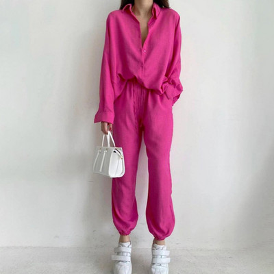 Ocazional ținută pentru femei, cu un singur piept, cu guler răsturnat, cămăși cu mânecă lungă și pantaloni harem cu dantelă elastică.