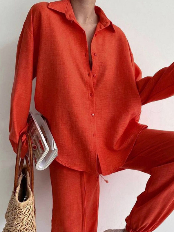 Ocazional ținută pentru femei, cu un singur piept, cu guler răsturnat, cămăși cu mânecă lungă și pantaloni harem cu dantelă elastică.